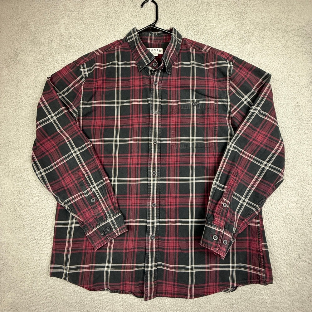 Orvis Classic Collection Heavy Flannel Button Down Shirt XL Plaid Red Black‎